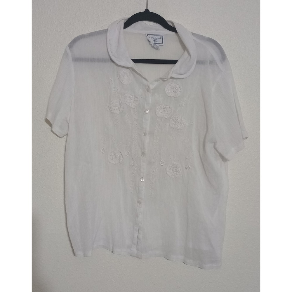 April Cornell White Cotton Embroidered Beaded Blouse Peter Pan Collar Large